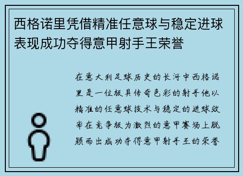 西格诺里凭借精准任意球与稳定进球表现成功夺得意甲射手王荣誉