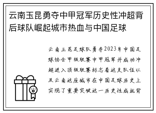云南玉昆勇夺中甲冠军历史性冲超背后球队崛起城市热血与中国足球