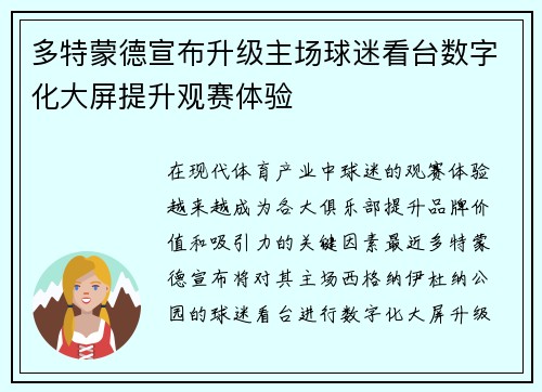 多特蒙德宣布升级主场球迷看台数字化大屏提升观赛体验