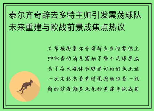 泰尔齐奇辞去多特主帅引发震荡球队未来重建与欧战前景成焦点热议