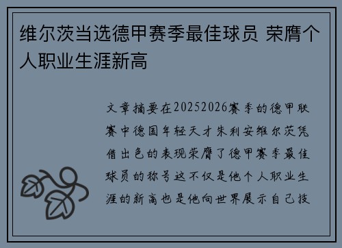 维尔茨当选德甲赛季最佳球员 荣膺个人职业生涯新高