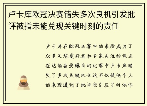 卢卡库欧冠决赛错失多次良机引发批评被指未能兑现关键时刻的责任